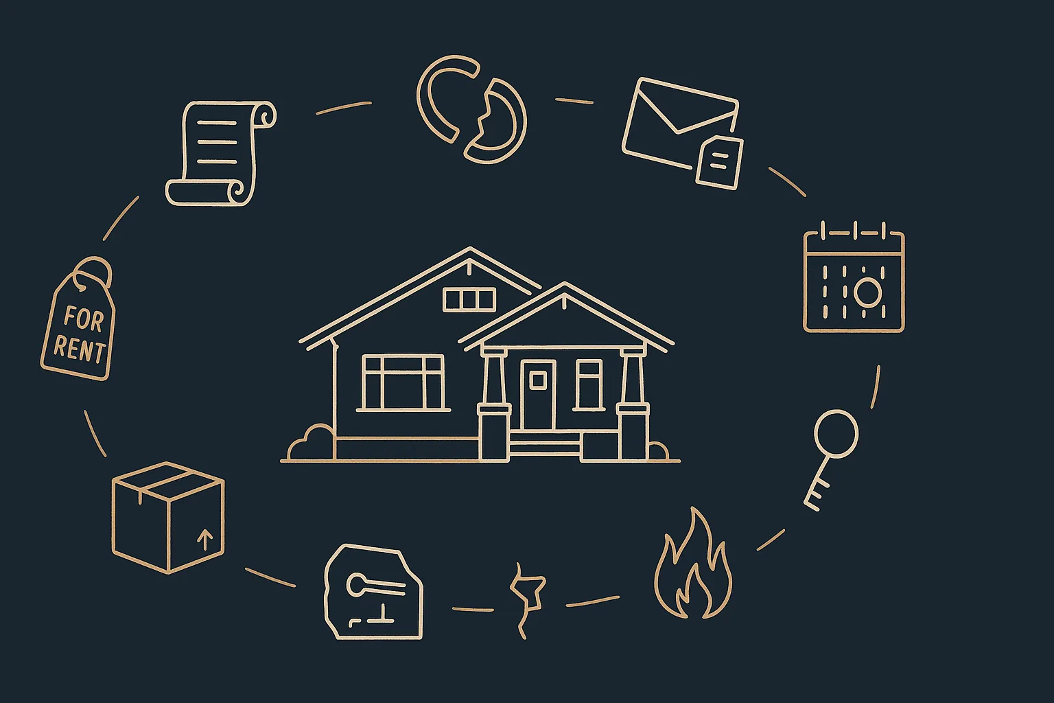 Illustration of a California craftsman home surrounded by symbols representing common selling situations - probate, divorce, foreclosure, relocation, fire damage, problem tenants, repair issues, and time pressure